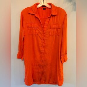 THEORY Oversized Linen Blend Bright Orange Button-Front Shirt Dress